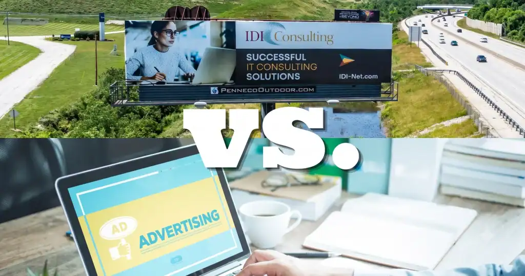 picture of a Penneco billboard on top versus online advertising on a laptop computer)